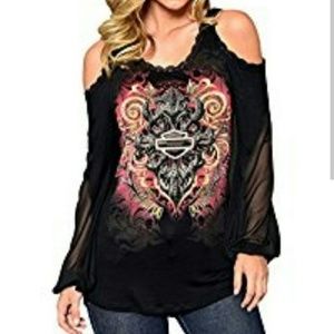 Harley Davidson Cold Shoulder Bling Blouse - L